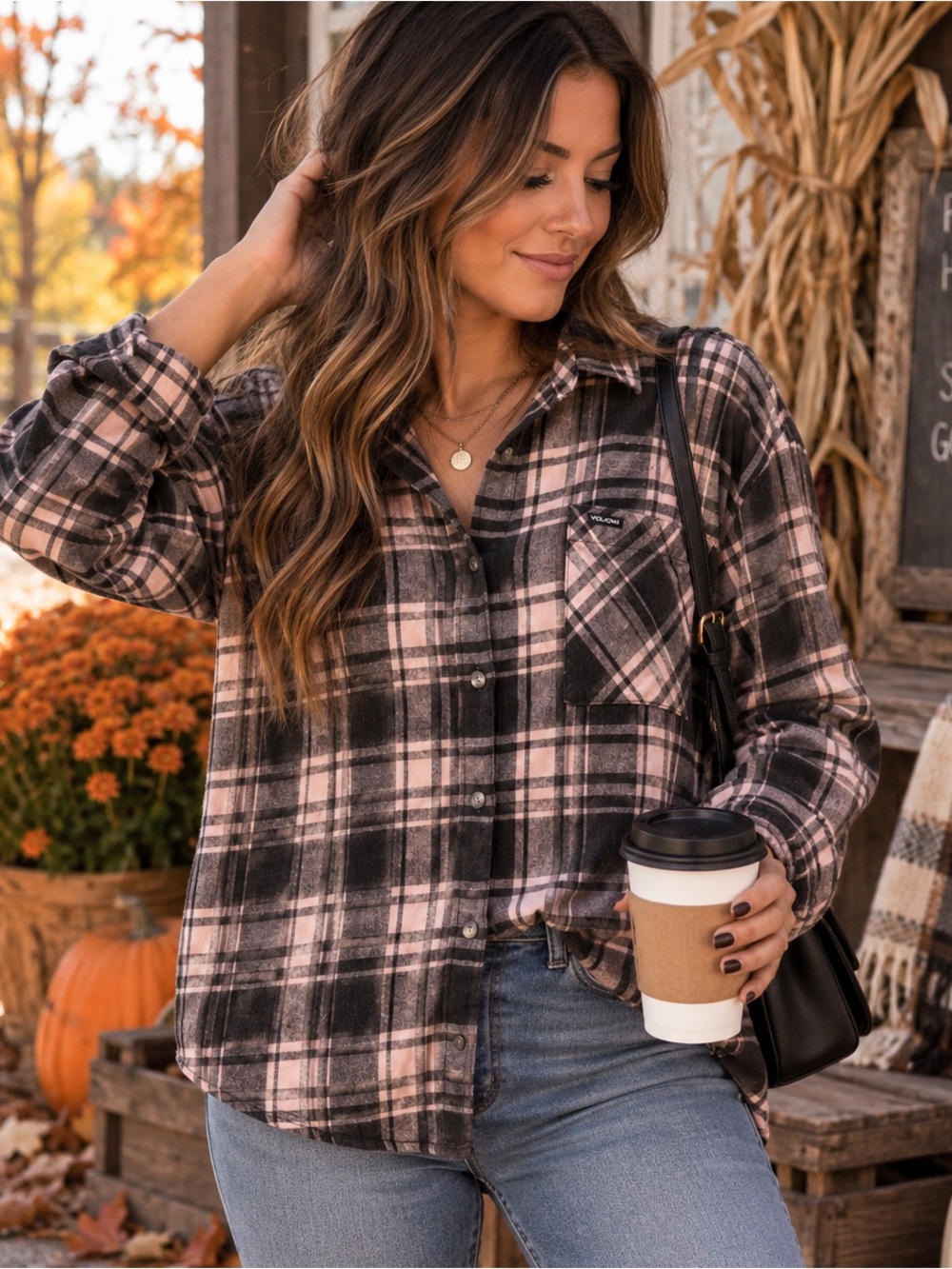Volcom Girls' Pink and Black Plaid Button-Down Shirt